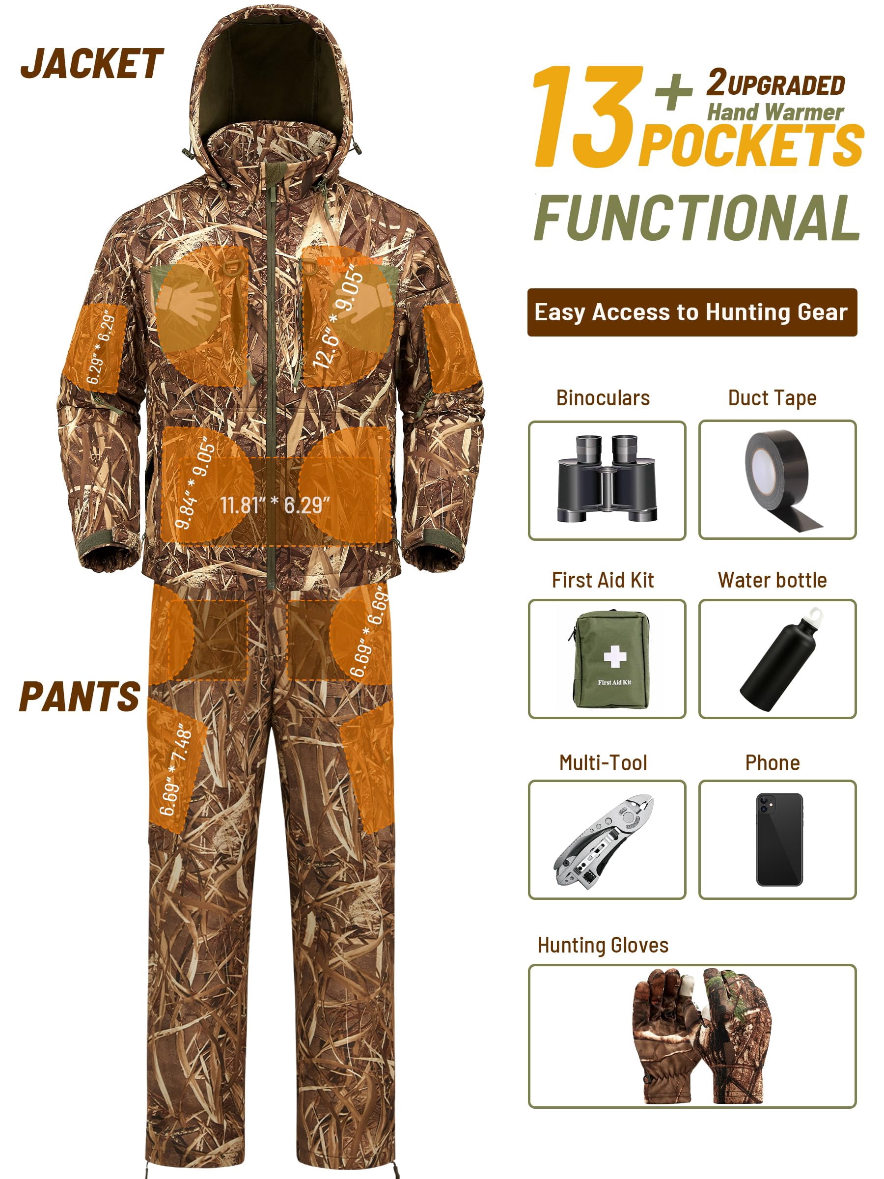 NEW VIEW Camo Hunting Clothes for Men, Quiet Warm Fleece Lining, Cold Weather Duck Hunting Jacket and Pants with Face Mask (Reeds Camo XL)