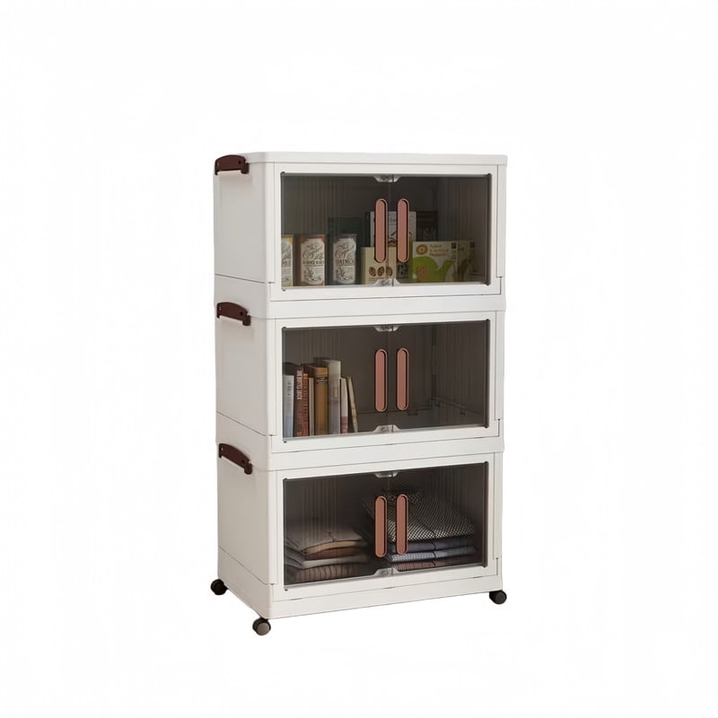 Howcool 3/4/5-Tier Stackable Storage Bins with Lid, Foldable Storage Box Cabinet with Wheels & Acrylic Doors