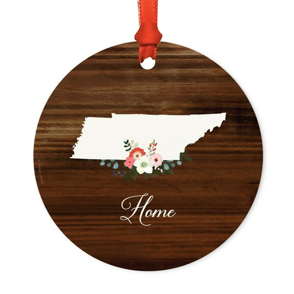 US State Round Metal Christmas Ornament, Rustic Wood with Florals Home, Tennessee, Includes Ribbon and Gift Bag