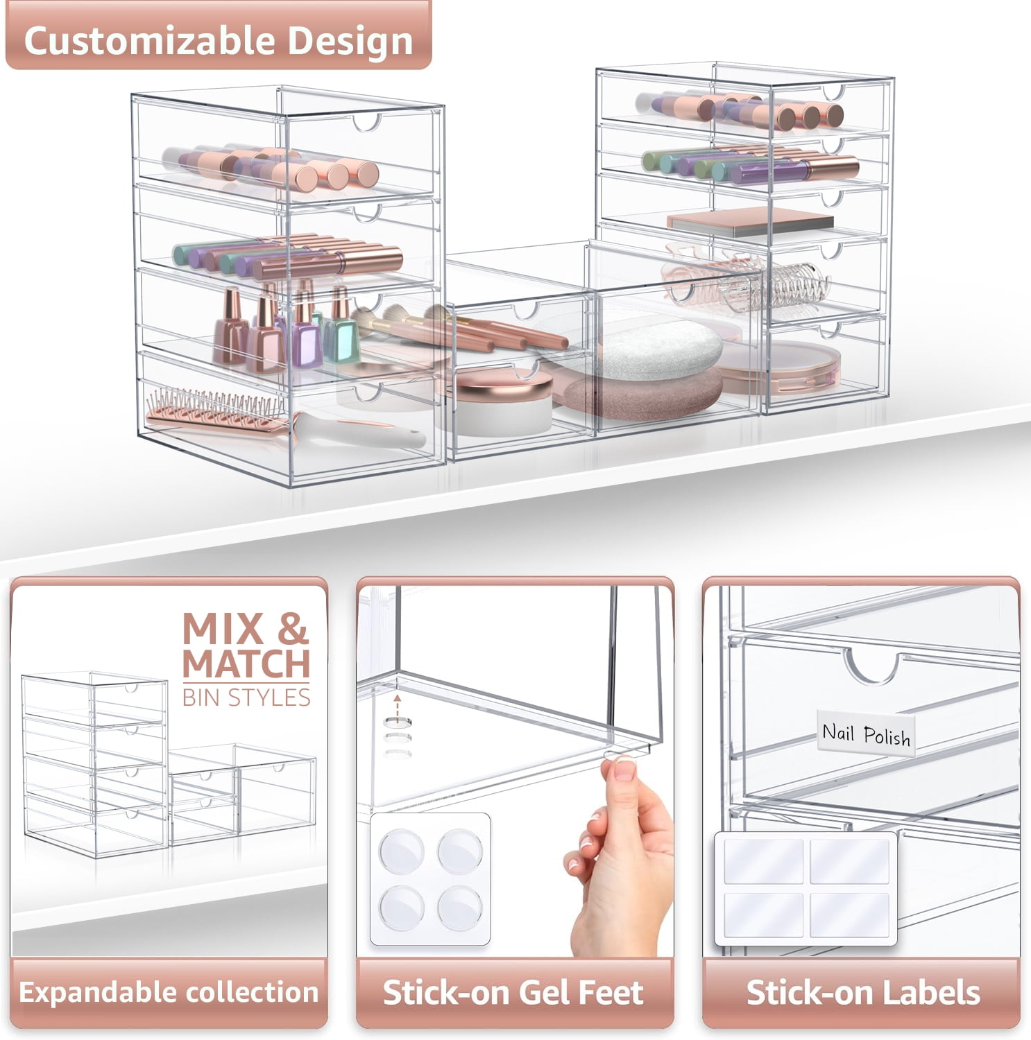 Sorbus 3-Piece Clear Acrylic Makeup Organizer with 12 Drawers, Stackable Storage Bins