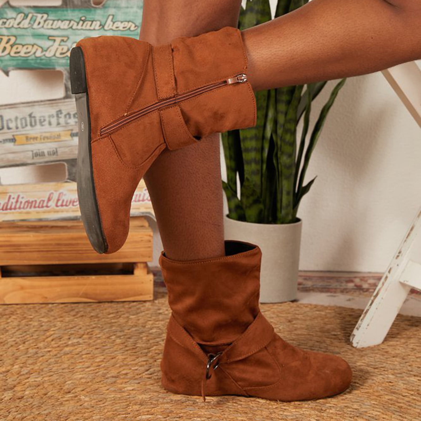 Vepose Women’s Slouch Ankle Boots – Flat Heel, Side Zipper, Fashion Booties - View #3