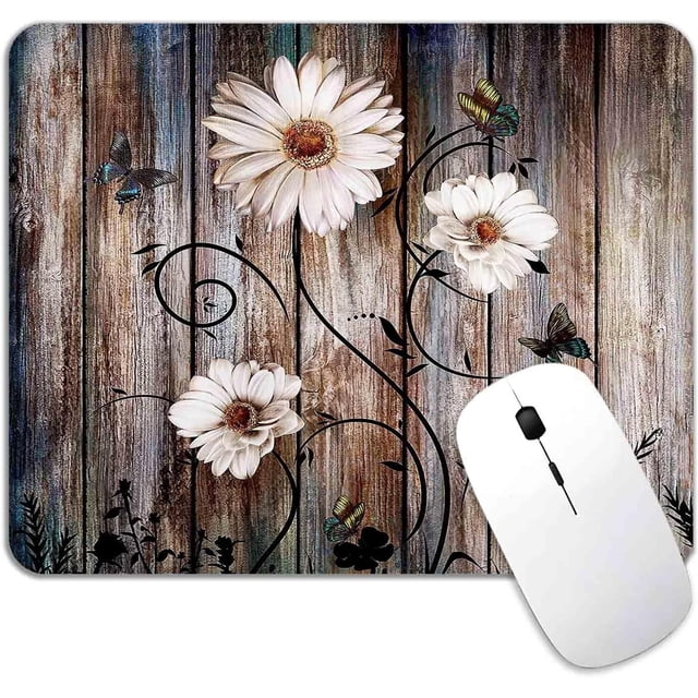 Butterfly Daisy Wooden Design Mouse Pad Waterproof AntiSlip Rubber Base, Rustic White Flower Pattern, Ideal for Office Decor and Laptop Use, 9.5 x7.9 Inch, Adds a Natural Touch