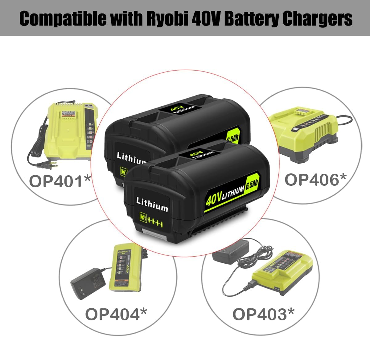 2 Pack OP4040 40V 6.5Ah Battery Replacement for Ryobi 40V 4Ah Battery OP4040 5Ah OP4050A 6Ah OP40601 OP4060A1 OP40602 2Ah OP40201 Compatible with Ryobi 40V Lithium Battery 4Ah 5Ah 6Ah