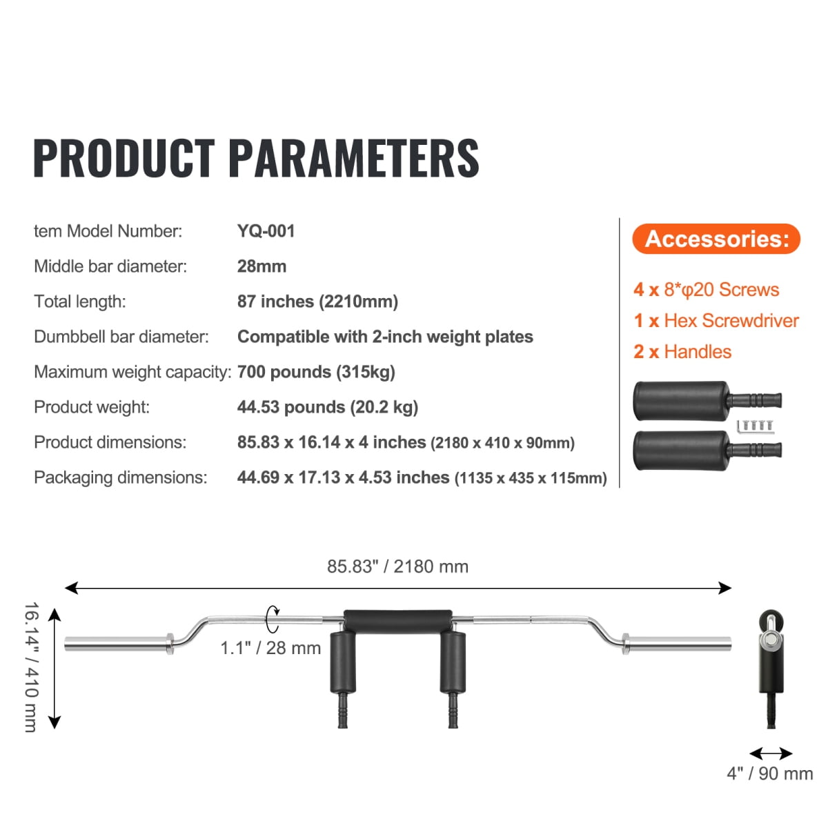 ZHICHUN  Safety Squat Bar 700 LBS Weight Capacity 28mm Diameter Steel Bar with Soft Shoulder & Arm Pads Multifunction Fitness Bar for Front Squats Lunges Training and Physical Therapy Support