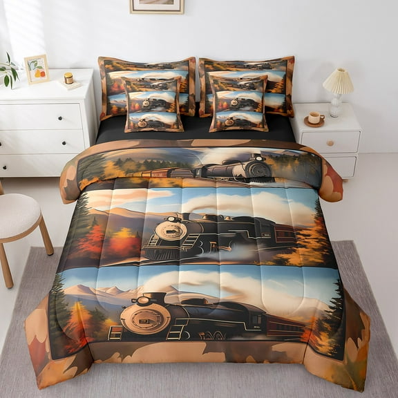 Erosebridal 3D Print Train Bedding Sets Twin Size,Steam Engine Comforter Sets with Sheets,Autumn Fall Bed in a Bag Twin size,Breathable Teenager Bedroom Decor,Reversible,7-Piece