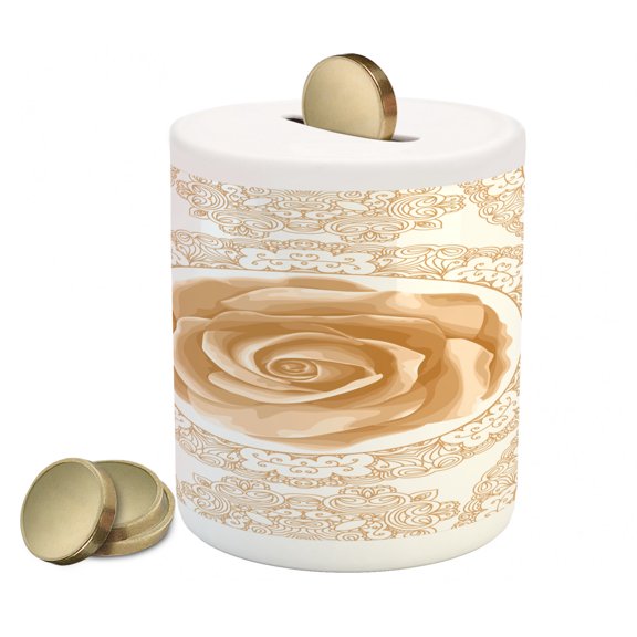 Floral Piggy Bank, Rose Florets with Classic Graphic Lace Feminine Retro Oriental Motif, Ceramic Coin Bank Money Box for Cash Saving, 3.6" X 3.2", Sand Brown White, by Ambesonne