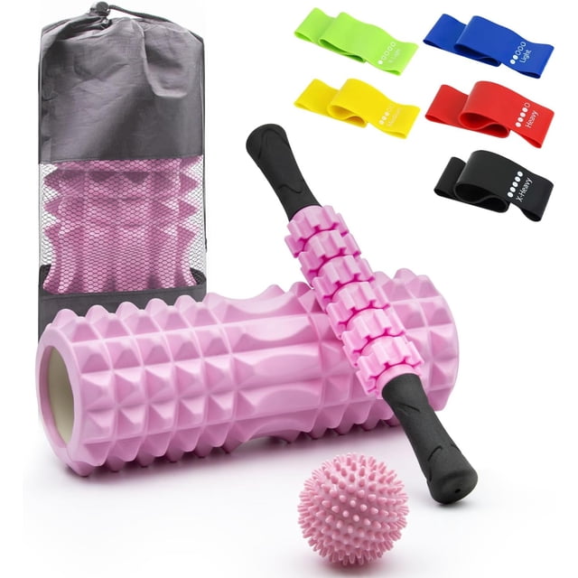 In Foam Roller Set- High Density ; Yoga Roller Muscle Roller Stick Spiky Massage Ball Bands Carry Bag for Whole Body Therapy Back Leg Deep Tissue&Exercise (