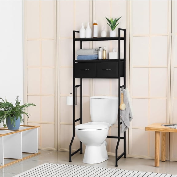 3-Tier Over Toilet Shelf with Storage Baskets,Over The Toilet Storage Cabinet, 3-Tier Bathroom Organizer with Fabric Drawers & Hooks, Freestanding Shelf for Bathroom and Laundry Room