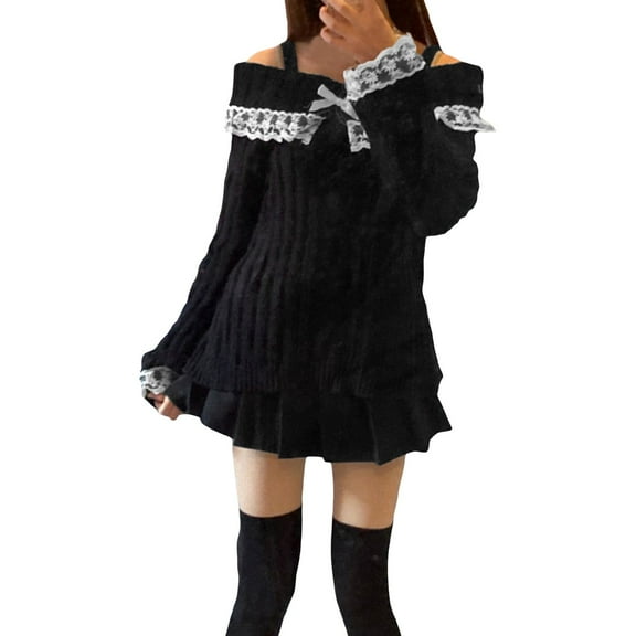 Women's Pullover Sweater Women Off Shoulder Top Long Sleeve Lace Trim Knit Shirt Fashion Cute Solid Pullover Sweater for Casual Wear