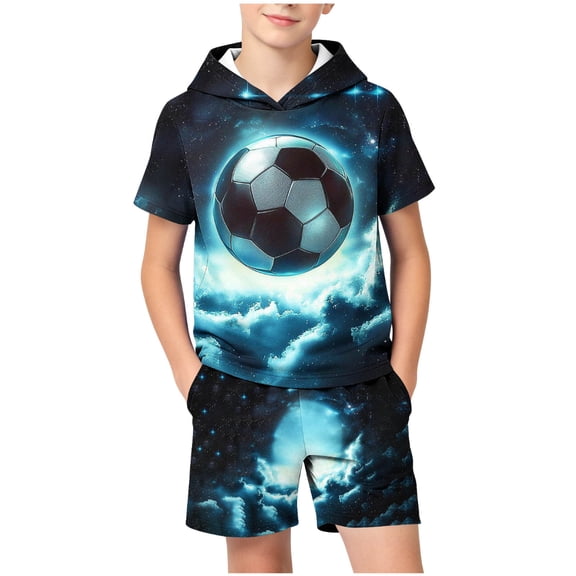 Afuyipoi Boys 2-Piece Stylish Summer Outfit (5-15 Years) Printed Football Theme Hooded Top and Flexible Activity Shorts Set For Kids Light Blue 7/8