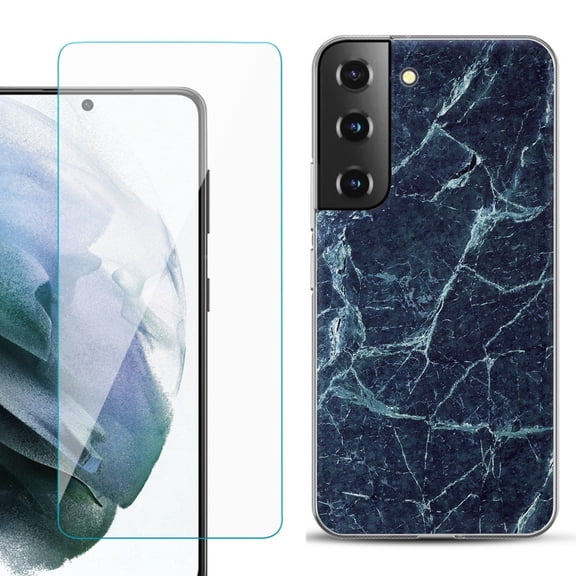 Slim-Fit TPU Fashion Phone Case for Samsung Galaxy S22 5G, with Tempered Glass Screen Protector, by OneToughShield ® - Marble / Blue