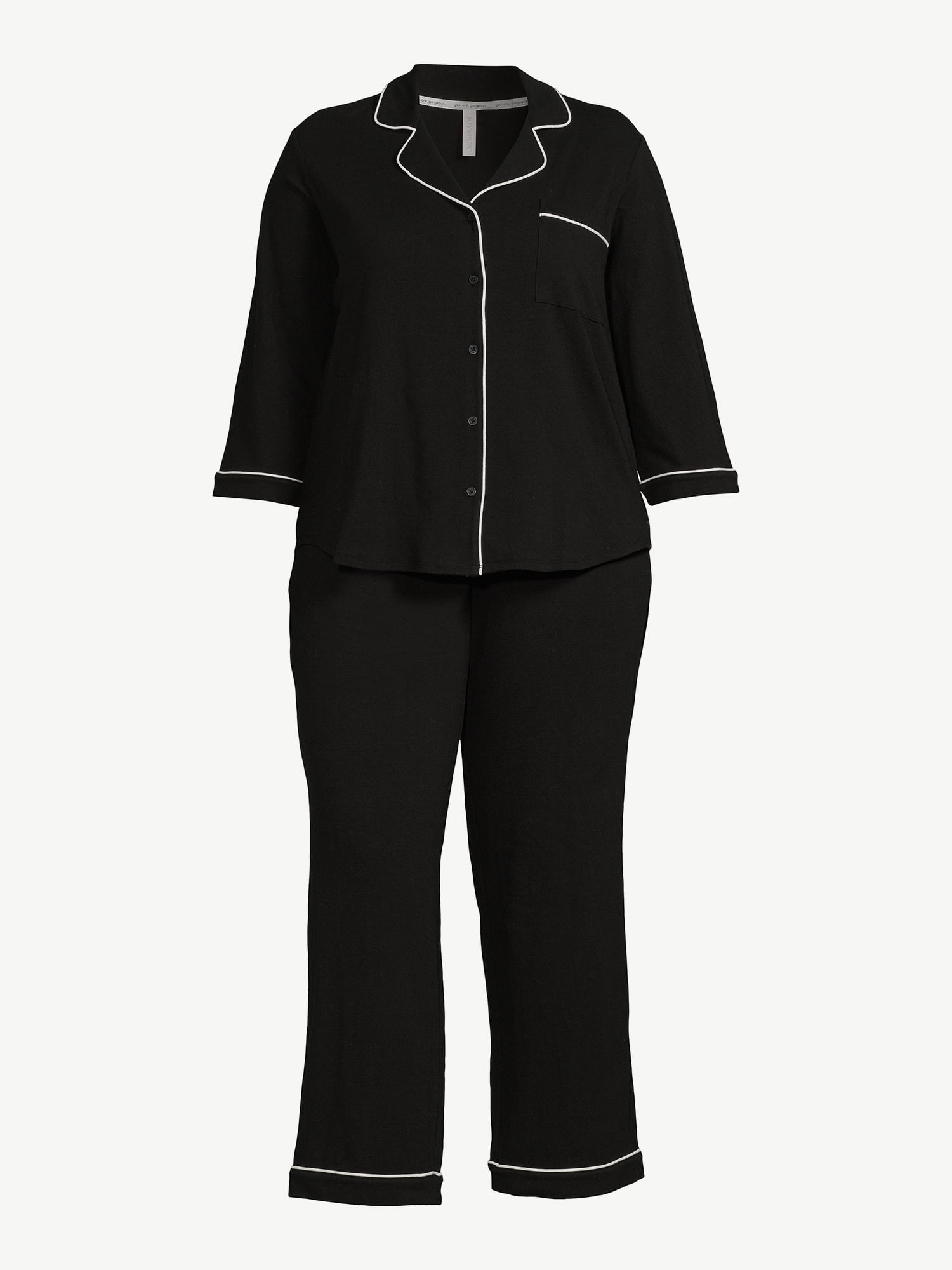 Joyspun Women’s Cotton Blend Notch Collar Top and Pants Pajama Set, 2-Piece, Sizes S-4X