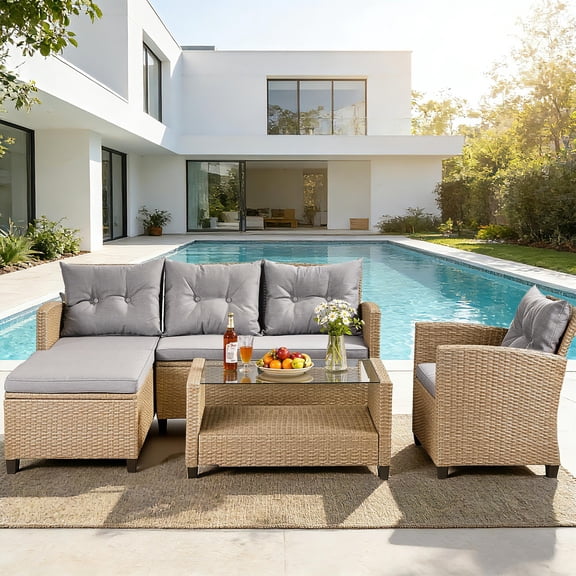 Patio Furniture Set on Sale, 3 Pieces PE Rattan Wicker Outdoor Sectional Conversation Sofa w/Storage Table and Cushions, Light Brown Rattan