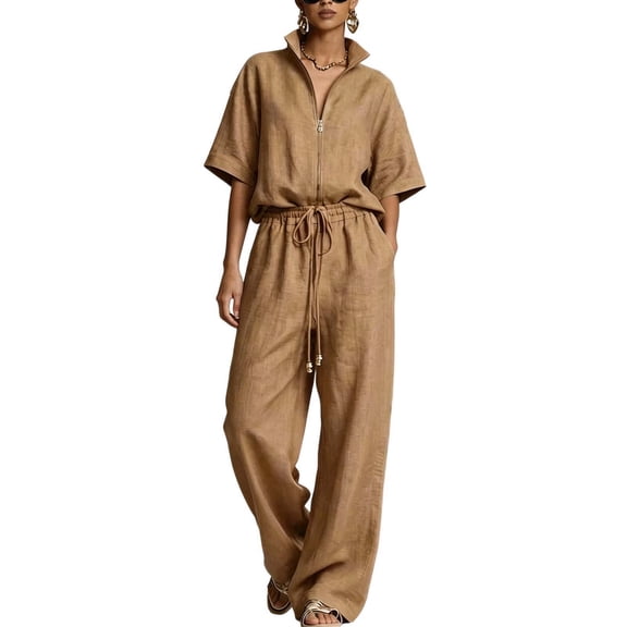 ibuvkizy Women's 2 Piece Linen Blend Outfits Sets,Half Zip Stand Collar Short Sleeve Loose Tops & Drawstring High Waist Wide Leg Floor Pants with Pockets,Office Beach Vacation Casual Matching Suit