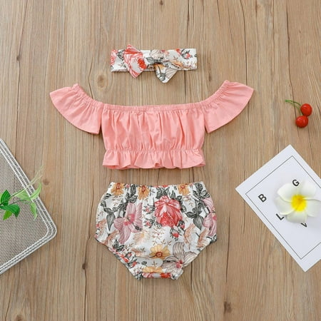 

Leutsin Baby Boys Short-Sleeve Bodysuit Toddler Summer Girl One-shoulder Floral Top Romper Shorts Headdress Suit