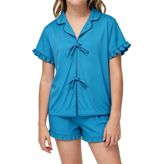 Baby Girl Outfits Loose Fit Ruffle Solid Print Short Sleeve Lapel Tie Top And Shorts 2 Piece Loungewear Baby Girls' Clothing Sets 3 Years-4 Years