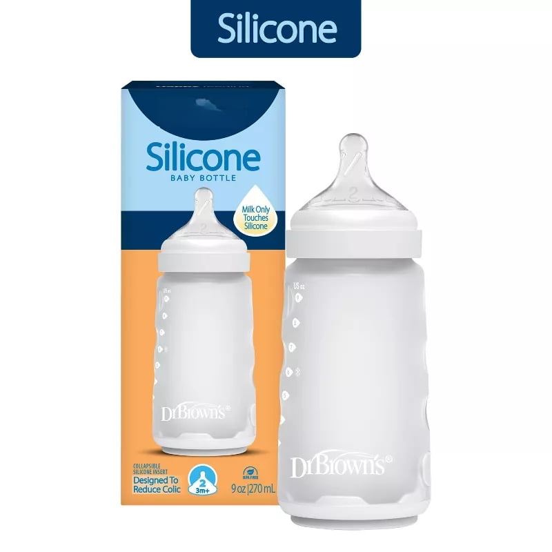 Silicone Baby Bottle, 9 fl oz, Clear, Level 2 Medium Flow Nipple, BPA-Free, Lead-Free, Infant Feeding Bottle, Medium Flow Baby Bottle