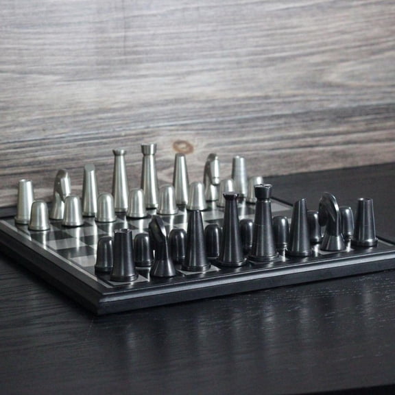 Art Deco Metallic Chess Set - Black and Silver Chess Set