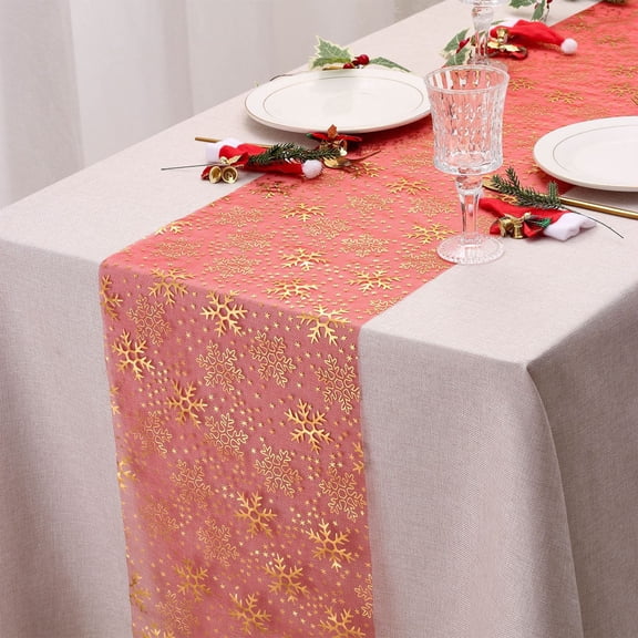 Konghyp Hot Gold Foil Table Flag, Nylon Yarn Fabric Table Decoration, Christmas Holiday Gathering Table Runner, Festive Snowflake Design, Perfect for Parties and Special Events