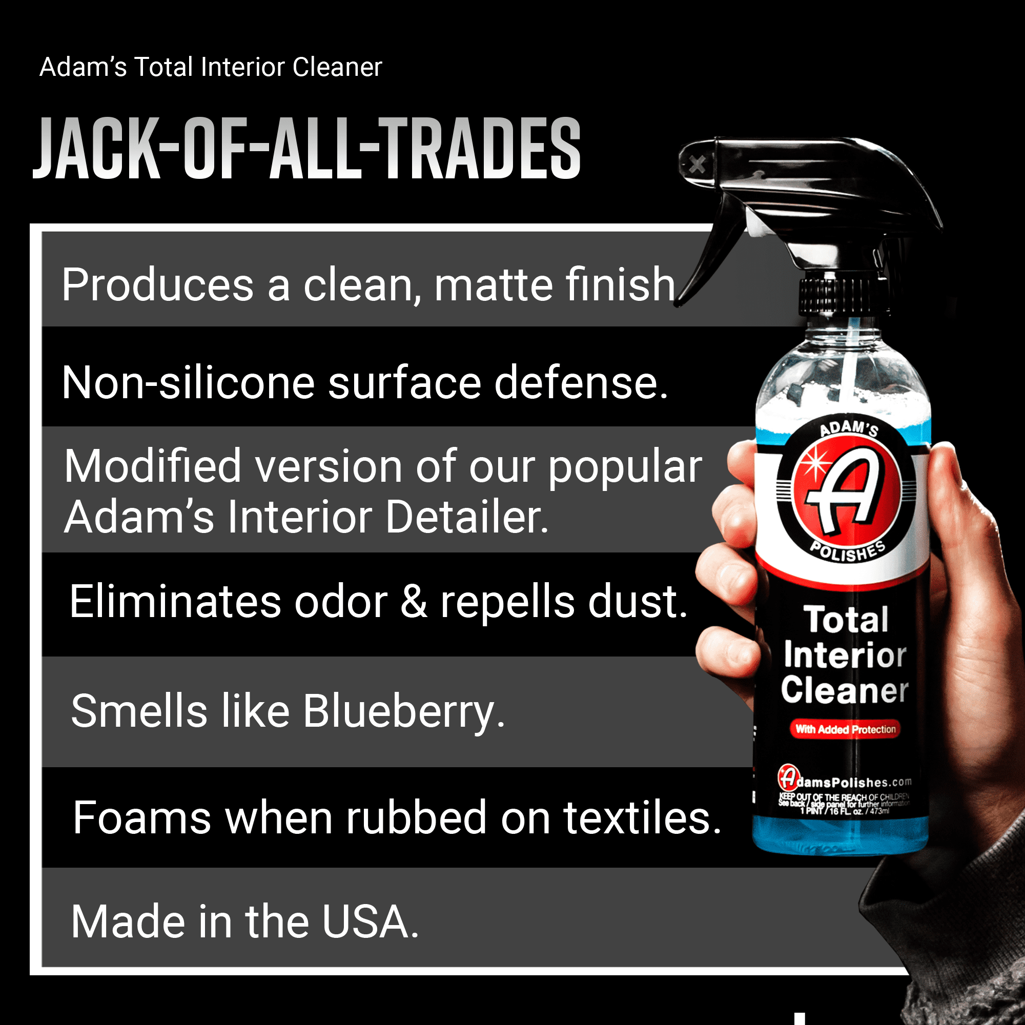 (2 pack) Adam’s Total Interior Cleaner & Protectant, 16oz., Car Interior Quick Detailer & SiO2 Protection - Ceramic Infused UV Protection, Anti-Static, OEM Finish - for Leather, Vinyl, Plastics, Glass & More