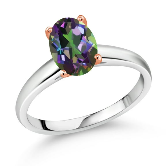 Gem Stone King 2.30 Ct Oval Green Mystic Topaz 10K White and Rose Gold Ring (Size 8)
