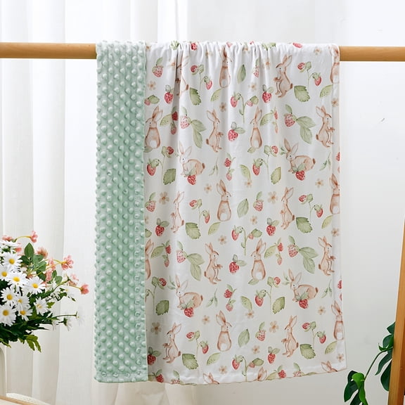 Baby Blanket – Unisex Ultra-Soft Newborn Security Blanket/Swaddle (Polka-dot texture with strawberry-bunny pattern; suitable for infants and toddlers; size: 30 x 40 inches)