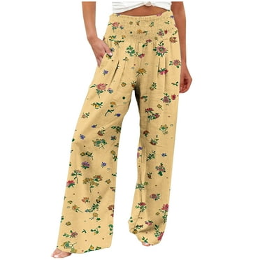 USNSM Women's Yoga Pants Winter Floral Printed Elastic Waist Straight Trousers Loose Wide Leg Pants with Pockets Yellow S