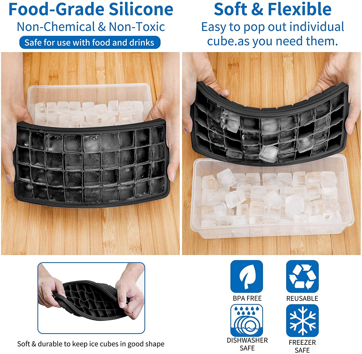 Ice Cube Tray with Lid and Bin | 36 Nugget Silicone Ice Tray for Freezer | Comes with Ice Container, Scoop and Cover | Good Size Ice Bucket