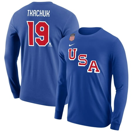 Men's Nike Matthew Tkachuk Royal US Hockey 2026 Name & Number Long Sleeve T-Shirt