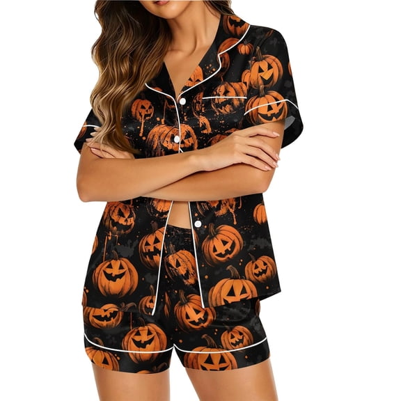 Womens Pajama Sets Halloween Print Buttoned Waist Set Short Sleeve Top and Shorts