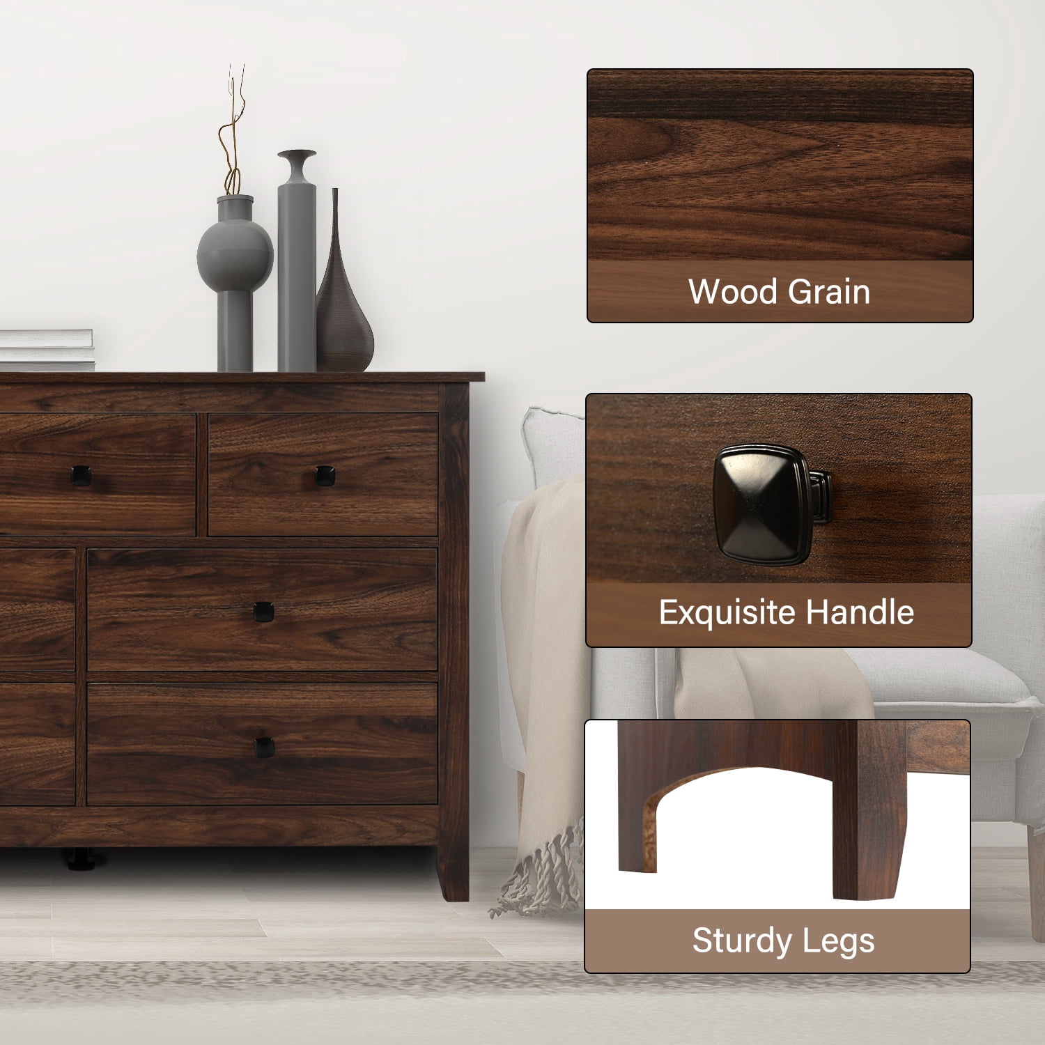 LAZZO 7-Drawer Dresser, Farmhouse Wooden Chest of Drawers for Bedroom Living Room and Hallway, Brown