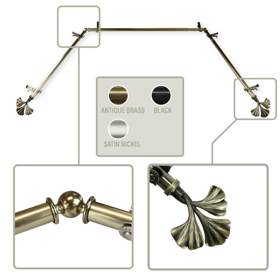 Maidenhair 13/16 inch Bay Window Curtain Rod 20-36", 38-72" - Antique Brass