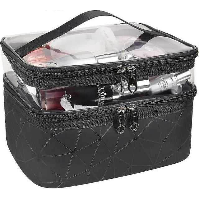 Makeup Bags Double Layer Travel Cosmetic Cases Make up Organizer Toiletry Bags (Black)