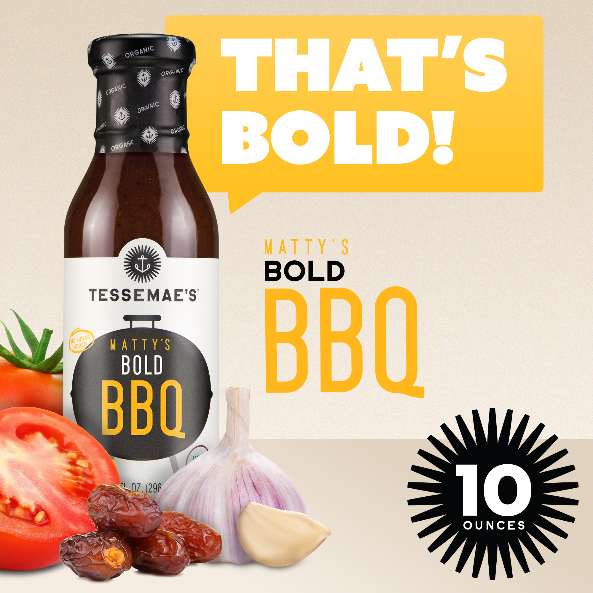 Tessemae's Organic Bold BBQ Sauce, 10 fl oz, No Sugar Added, Vegan, Dairy Free, Whole 30 Approved, Keto Friendly, Gluten Free Barbecue Sauce - image 2 of 6