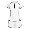 thumbnail image 4 of Xdegoge Swimsuits for Women Short Sleeve Mid Rise Rash Guard Two Piece Bathing Suits Smooth Color Block Zip Front Modest Boyshorts Surfing Water Sports, 4 of 5