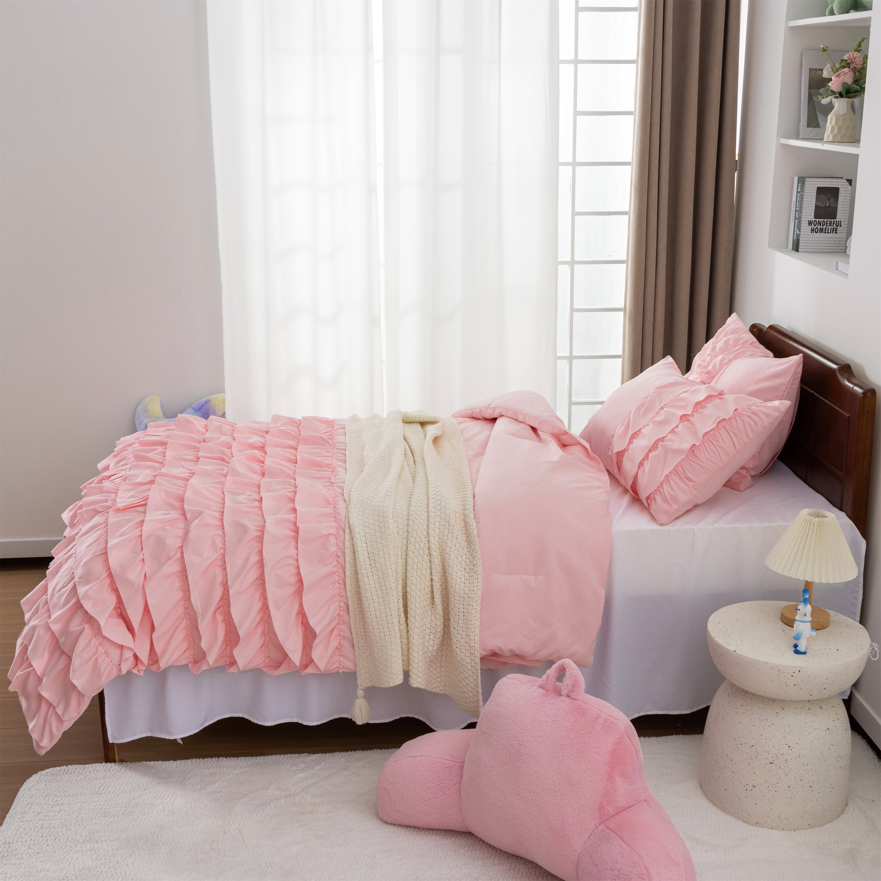 Btargot 3PC Waterfall Ruffled Princess Comforter Set Twin Soft Chic Bedding Set for Kids Girls Pink