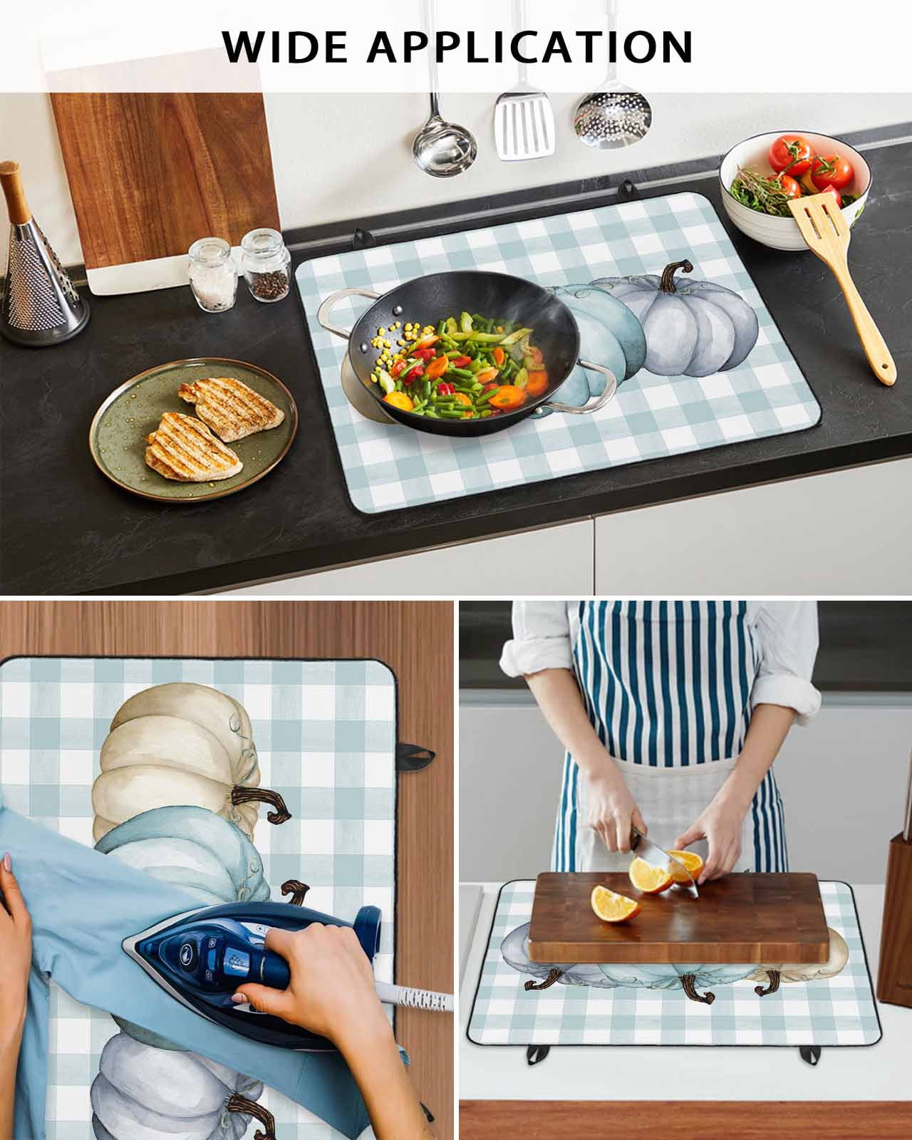 Large Induction Cooktop Protector Mat Pumpkins Stove Top Covers for Electric Stove, Thanksgiving Fall Farmhouse Teal Buffalo Plaid Decorative Stove Burner Cover Mats, Glass Top Stove Cover