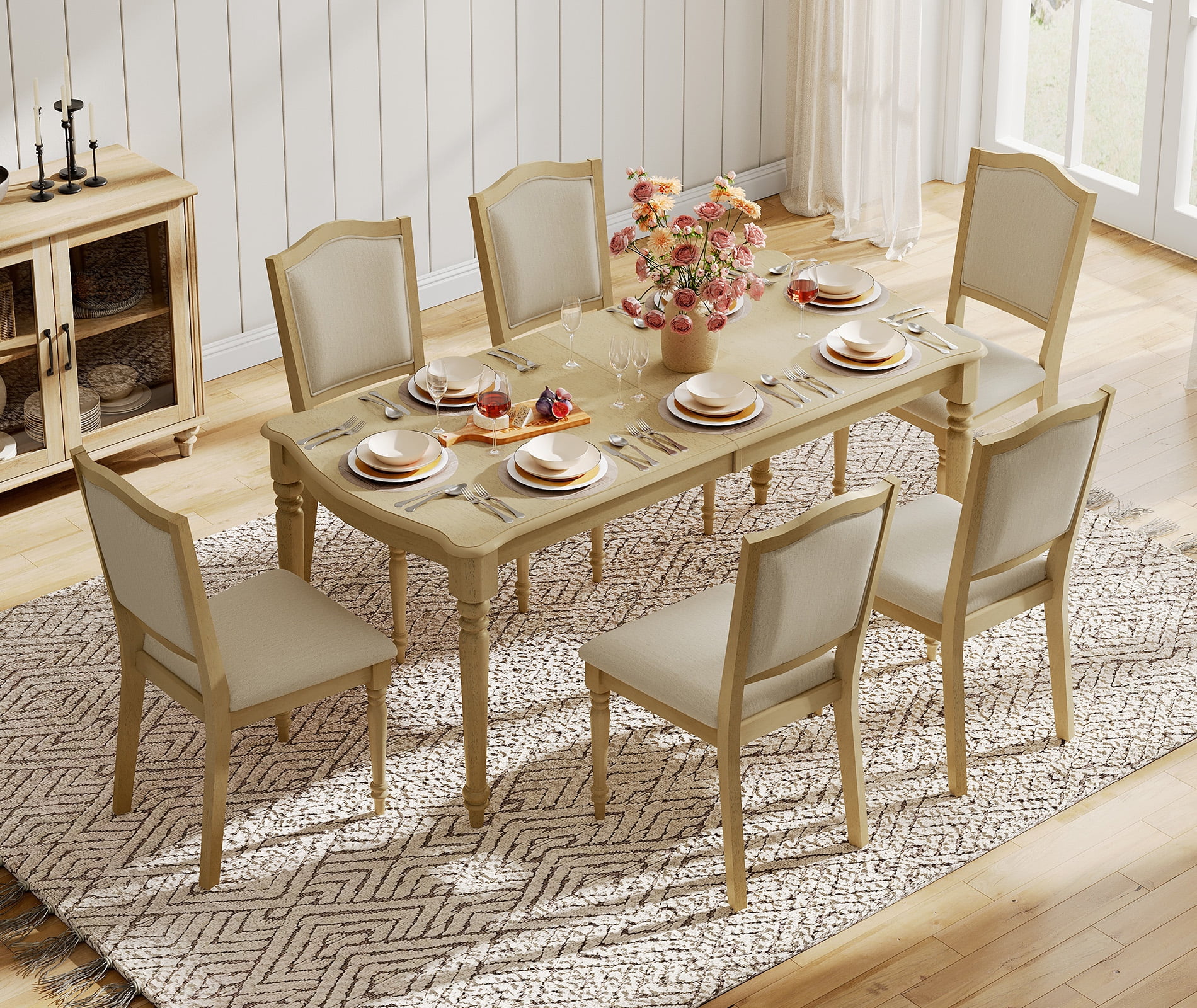 Rectangular Dining Table for 6–8, Solid Wood Table with Signature Gourd Legs for Kitchen & Living Room, 70 Inch, Oak