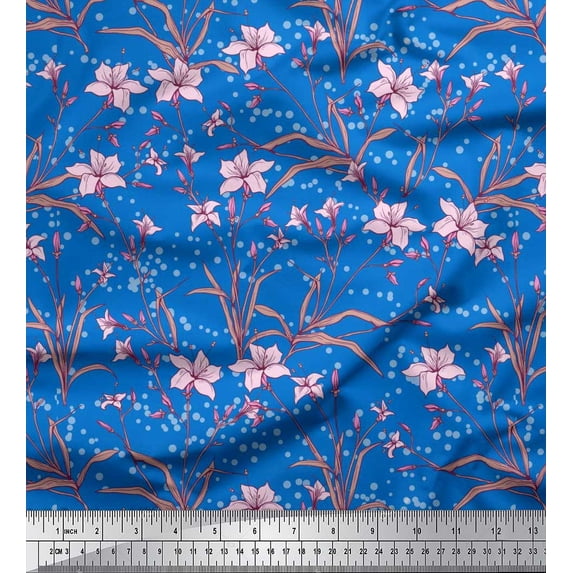 Soimoi Rayon Crepe Fabric Leaves & Azalea Floral Fabric Prints By Yard 46 Inch Wide