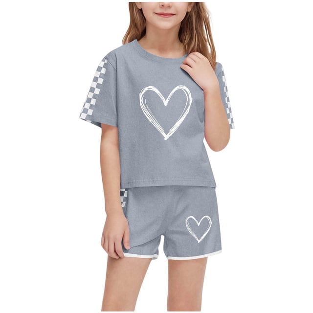 IFNWSV Ensembles d'Été pour Filles Mode Décontractée Manches Courtes Col Rond Col Bouton Imprimé Ensembles de Shorts 5 Ans