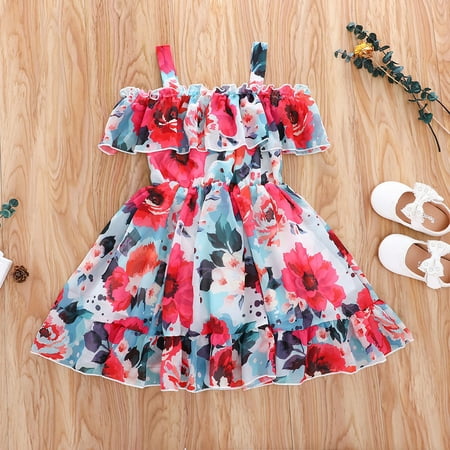 

Tking Fashion Summer Toddler Kids Baby Girls Floral Print Casual Ruffle Slip Dress Princess Red 110