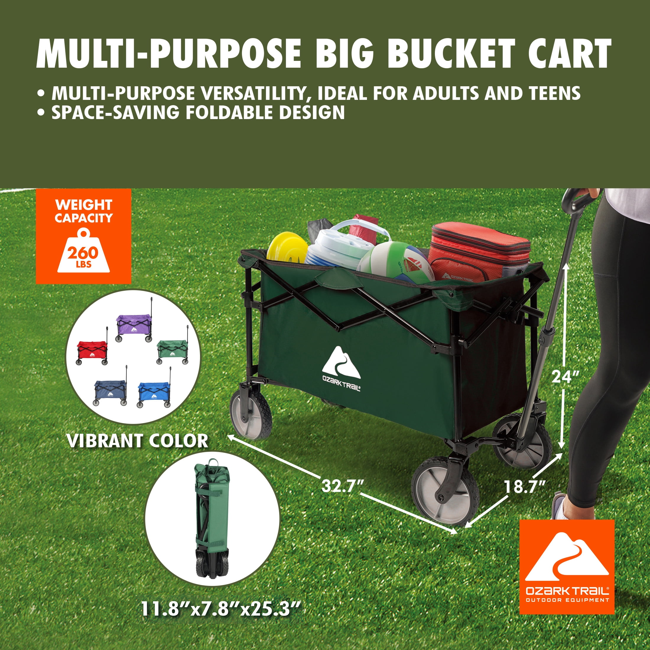 Ozark Trail Multi-Purpose Big Bucket Cart, Green Wagon
