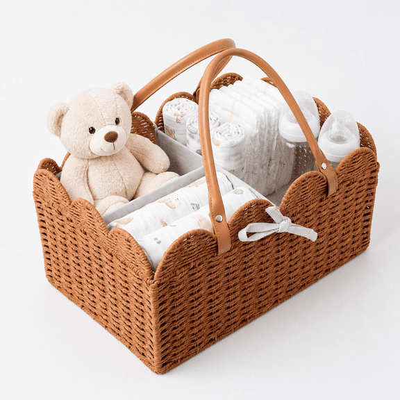 Naeqieo Large Baby Diaper Caddy Organizer, Paper Rope Storage Baskets Nursery Bin with Removable Divider & Handle, Baby Gift Basket for Newborn