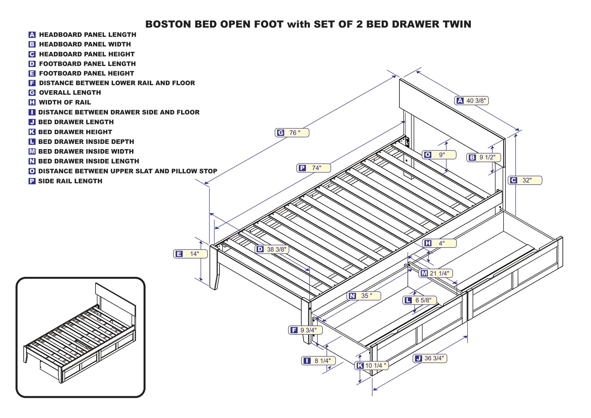 AFI Boston 14" Twin Wood Platform Bed Frame with Set of 2 Storage Drawers, Espresso