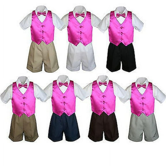 4pc Set Boy Toddler Formal Fuchsia Vest and Bow tie White Navy Khaki Shorts S-4T