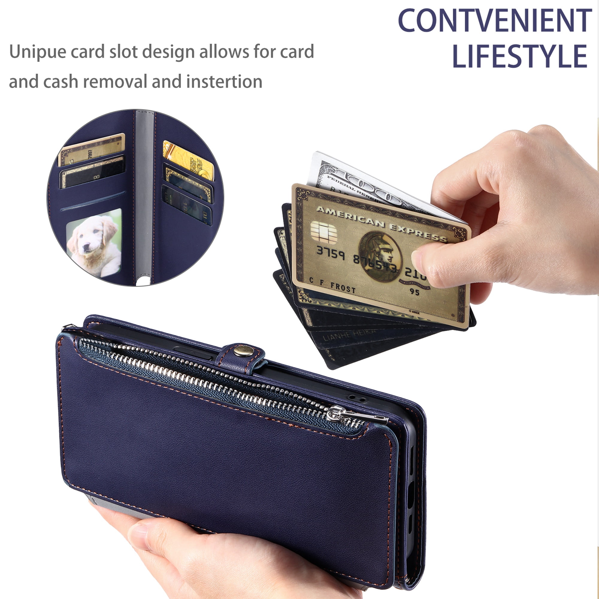 Dteck for iPhone 15 Pro Max Wallet Case, Crossbody Zipper Purse with Wrist for Women Men, 8-Card Slots Holder PU Leather Kickstand Flip Cover Phone Case,Blue