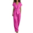 thumbnail image 3 of VBVC Women's Wrap Tie 2 Piece Work Set,Short Sleeve Top and Wide Leg Pants For Women, Ladies' Breathable Summer Loungewear With Pockets,Hot Pink,S-3XL, 3 of 8