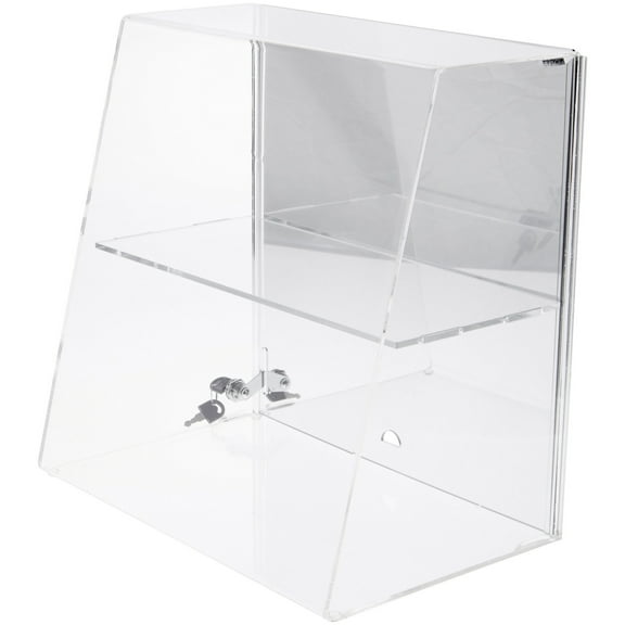 Plymor Clear Acrylic Locking Display Case with Slanted Front and Sliding Back, 1 Flat Shelf (Mirrored), 16" H x 16" W x 10" D
