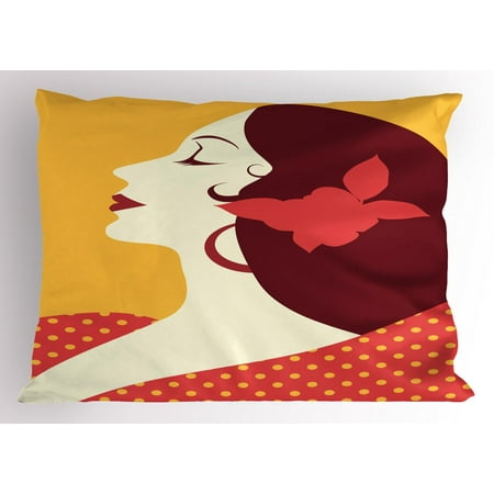 - Spanish Pillow Sham, Flamenco Woman in Retro Polka Dot Dress with Flower in Her Hair Rhythm Dancer, Decorative Standard Size Printed Pillowcase, 26 X 20 Inches, Earth Yellow Red, by Ambesonne