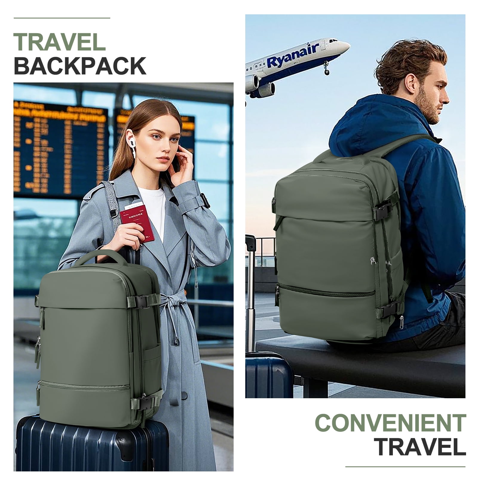Lightweight Travel Backpack Simple Carry On Backpack with Shoe Compartment, Personal Item Travel Bag Flight Approved, Water Resistant Laptop Backpack for Women Men Weekender Business, Olive Green